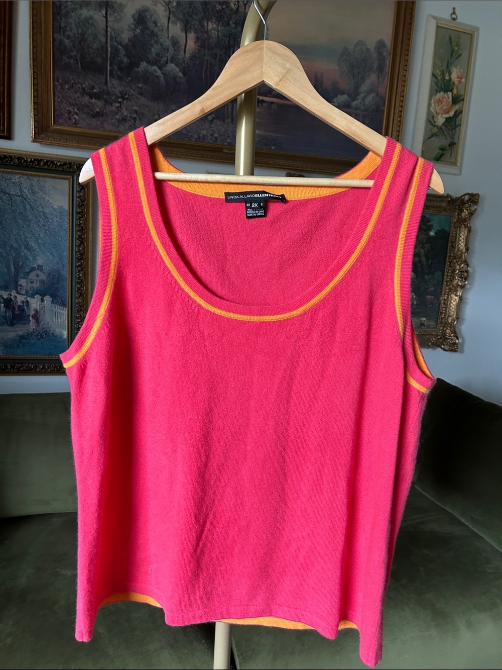 100% Cashmere Casual Scoop Neck Tank in Hot Pink with Orange Trim
